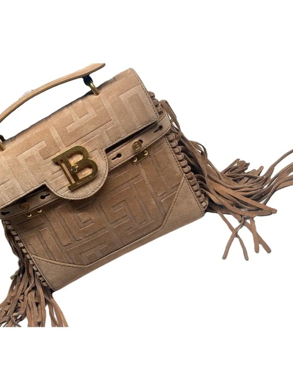 Balmain Taupe Suede Fringed Top Handle Satchel with Gold BB Hardware! Excellent - Picture 2 of 5